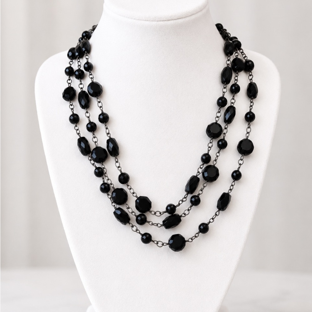 Black Glass Facaded Beaded Multi-Strand Necklace